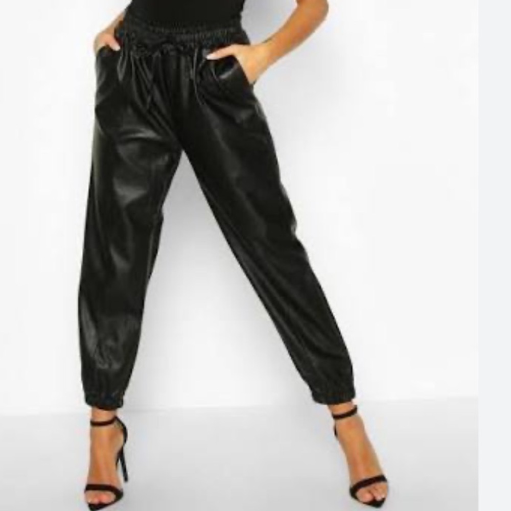 NWOT “Shinestar” Faux Leather Black Jogger Pants Drawstring Waist Plus Size 1X